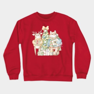 cute fox and deer with presents in front of christmas tree Crewneck Sweatshirt